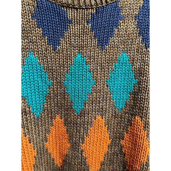 Perry Ellis Vintage Grandpa Sweater 100% Cotton Geometric Brown Medium Heavy 80s - Picture 3 of 7